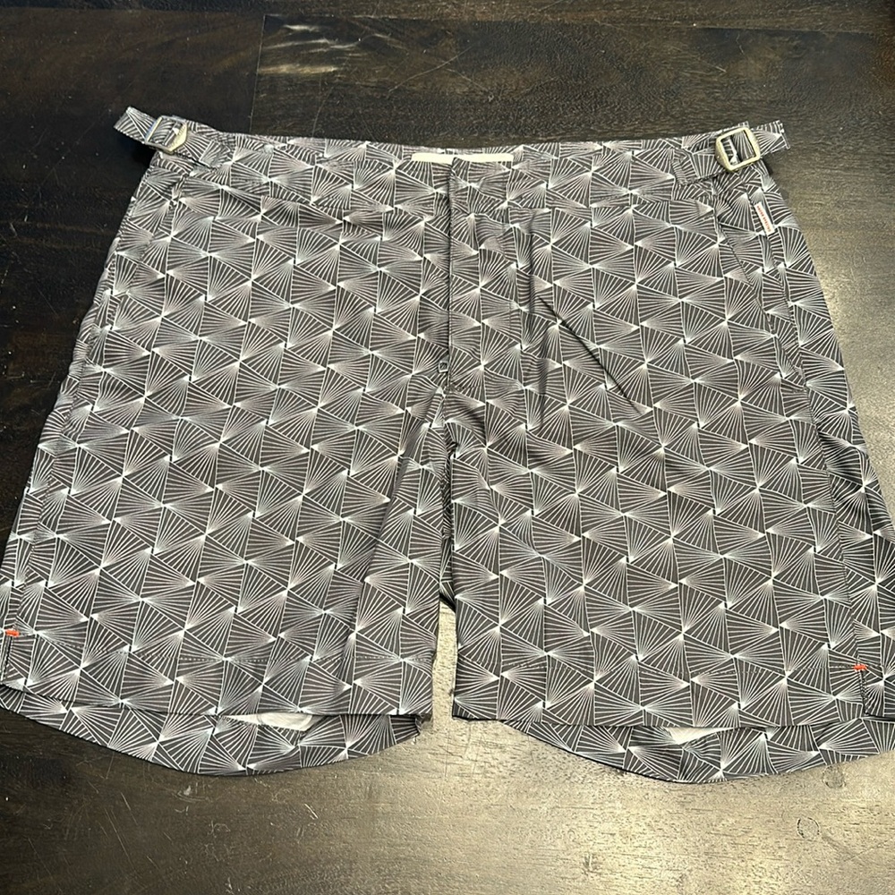 Men’s Orlebar Brown Gray & White Geometric Deco Bulldog Swim Shorts Size 30